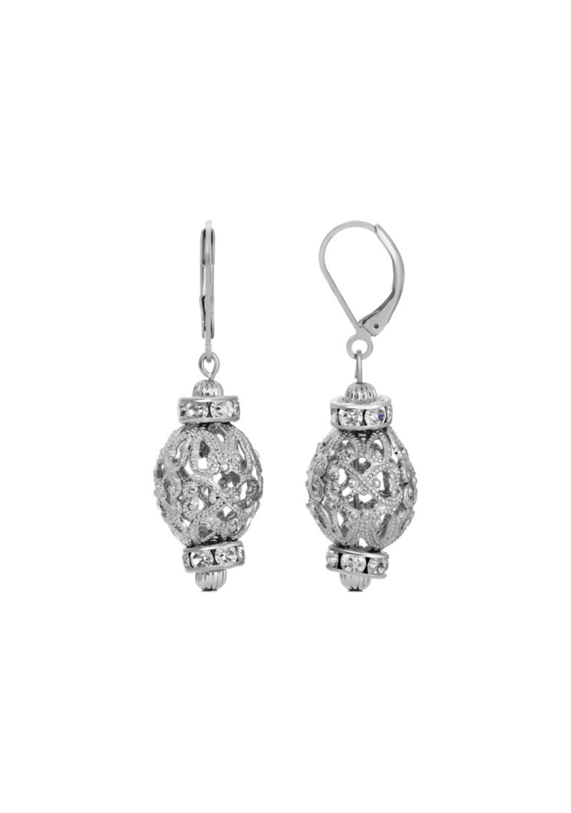 Silver-tone Filigree Bead Crystal Drop Earrings