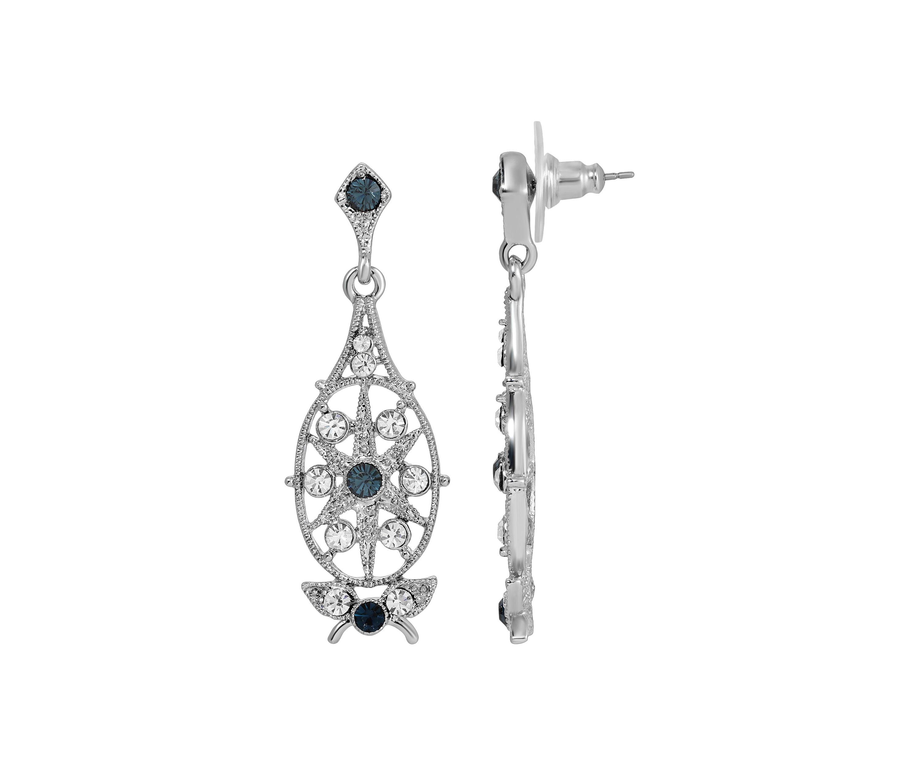 Silver-Tone Blue Crystal Fil Earrings