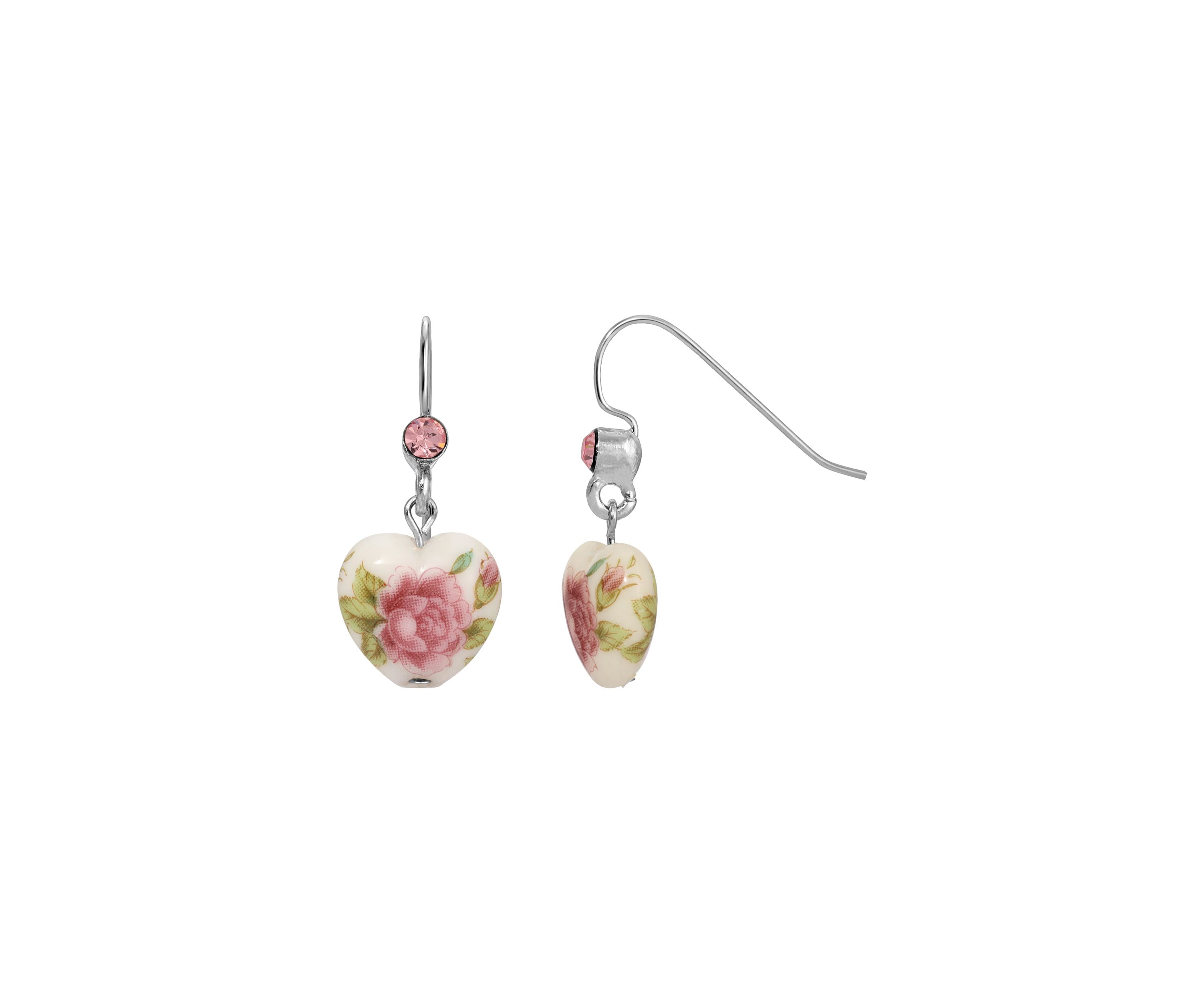 Flower Decal Heart Drop Earrings