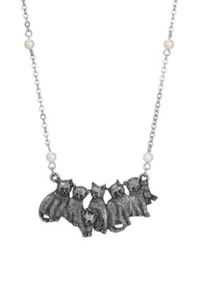 Silver-tone Faux Pearl Chain Multi Cat Necklace 16" adj.