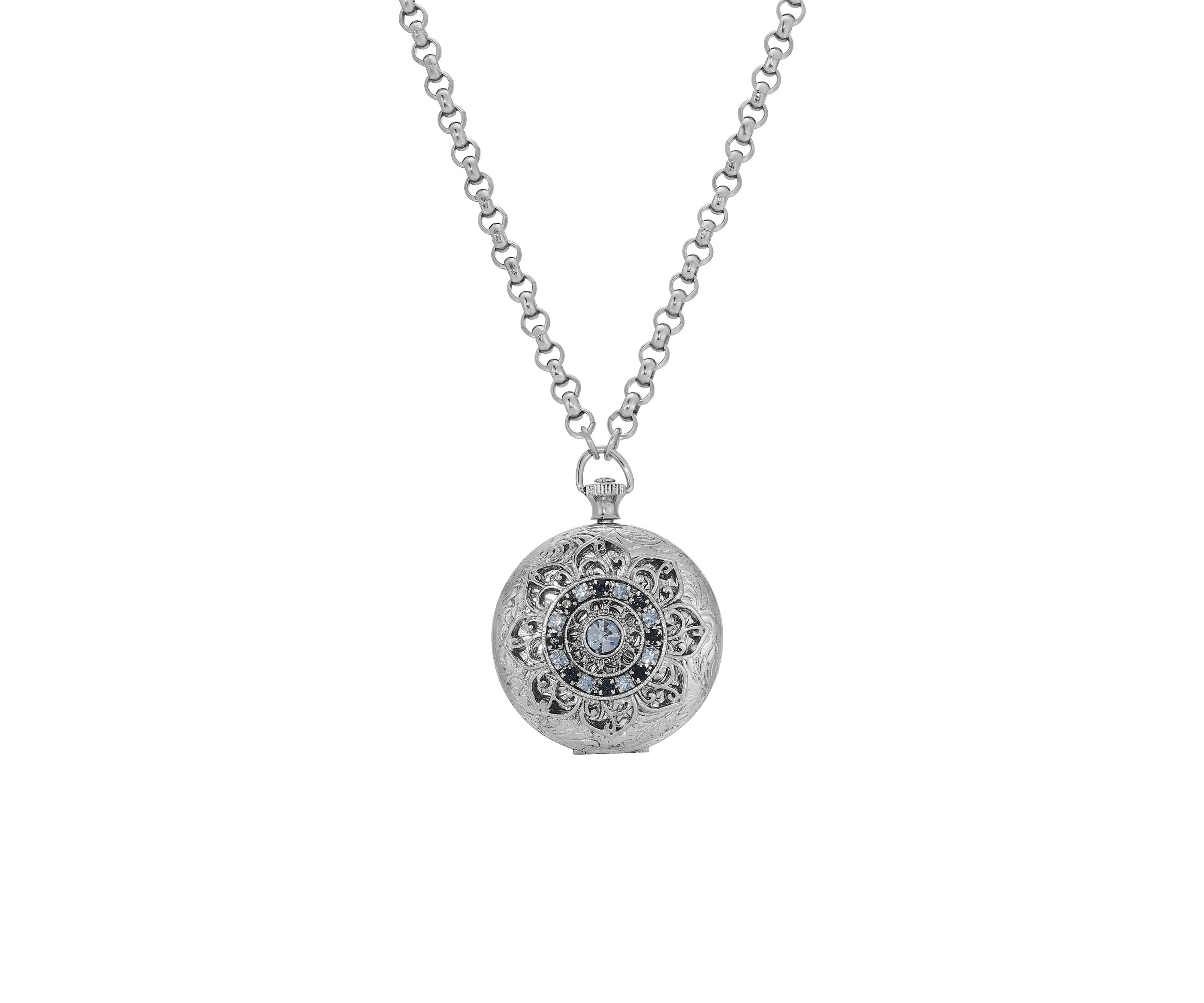 Silver Tone Blue Locket Necklace 28"