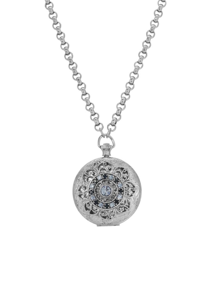 Silver Tone Blue Locket Necklace 28"