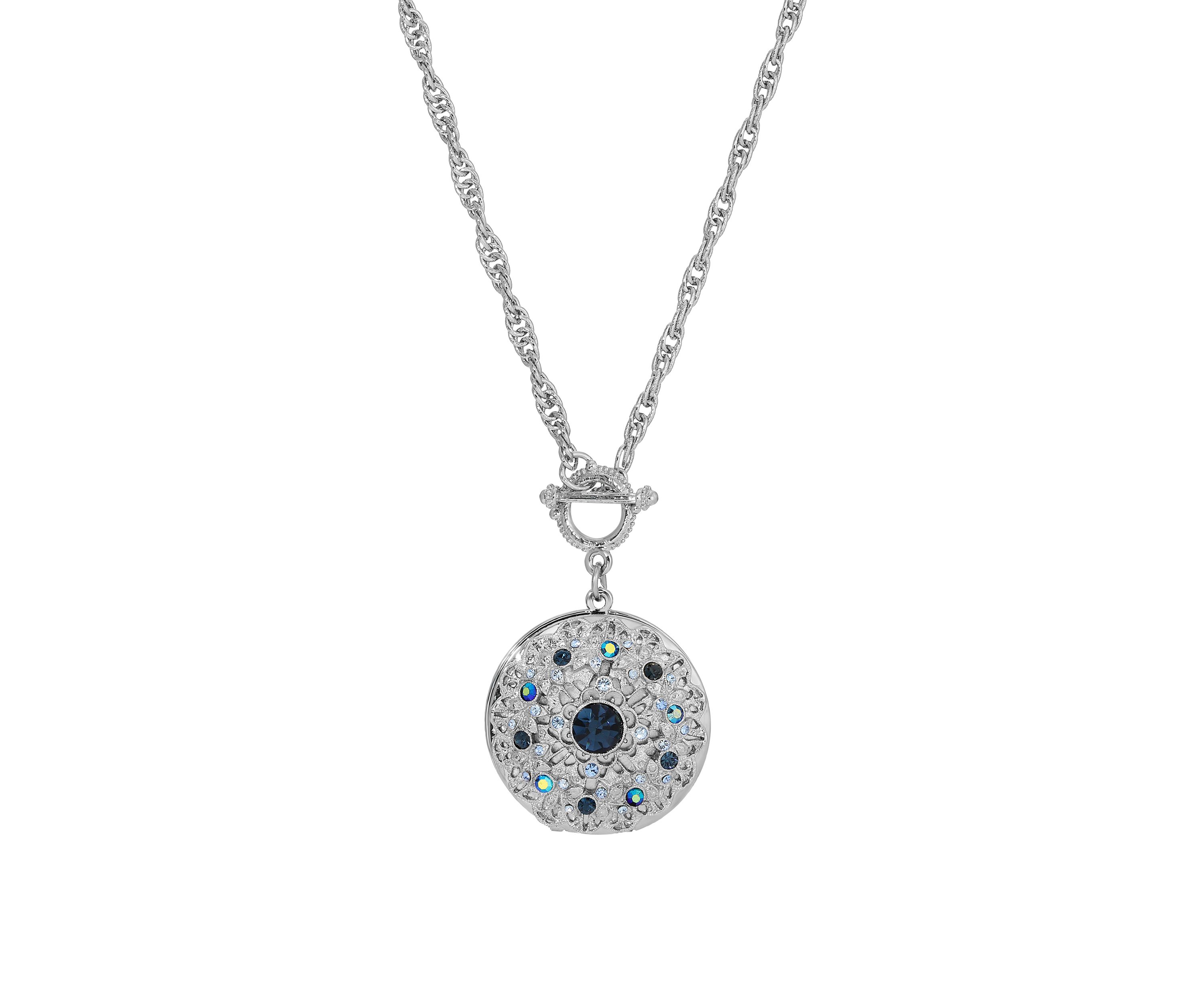 Silver Tone Rnd Blue Locket Necklace 28"