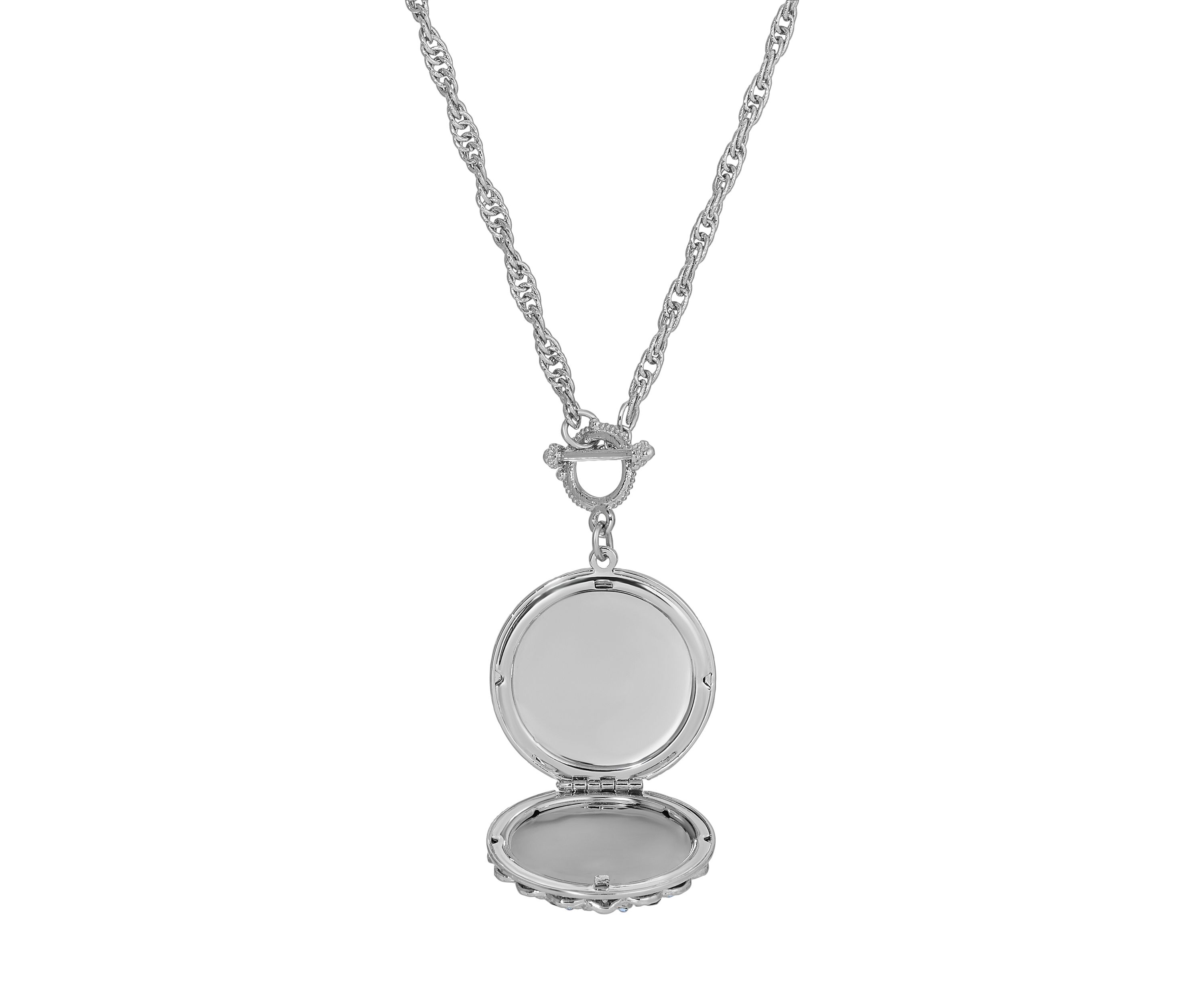 Silver Tone Rnd Blue Locket Necklace 28"