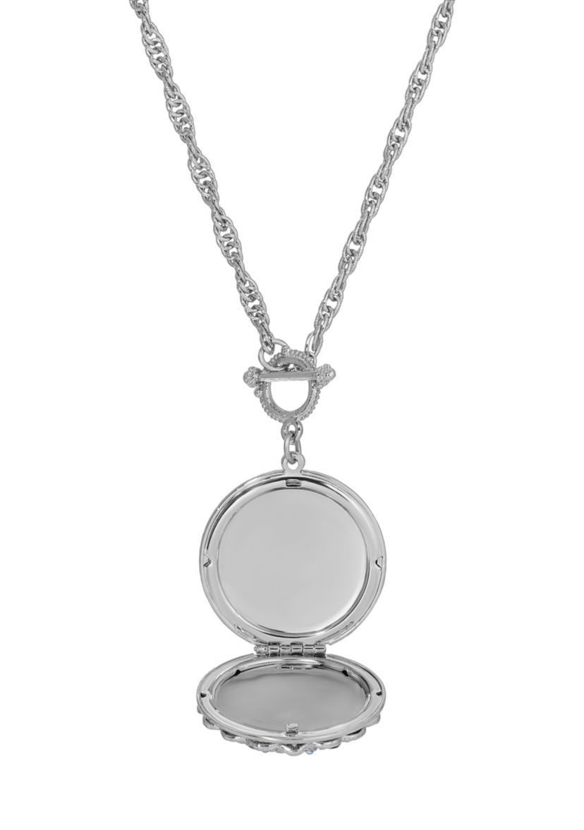 Silver Tone Rnd Blue Locket Necklace 28"