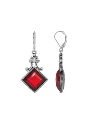 Silver-tone Red Square Drop Earrings