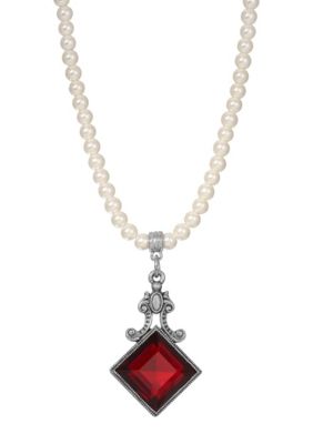 Faux Pearl Red Glass Pendant Necklace 15" adj.