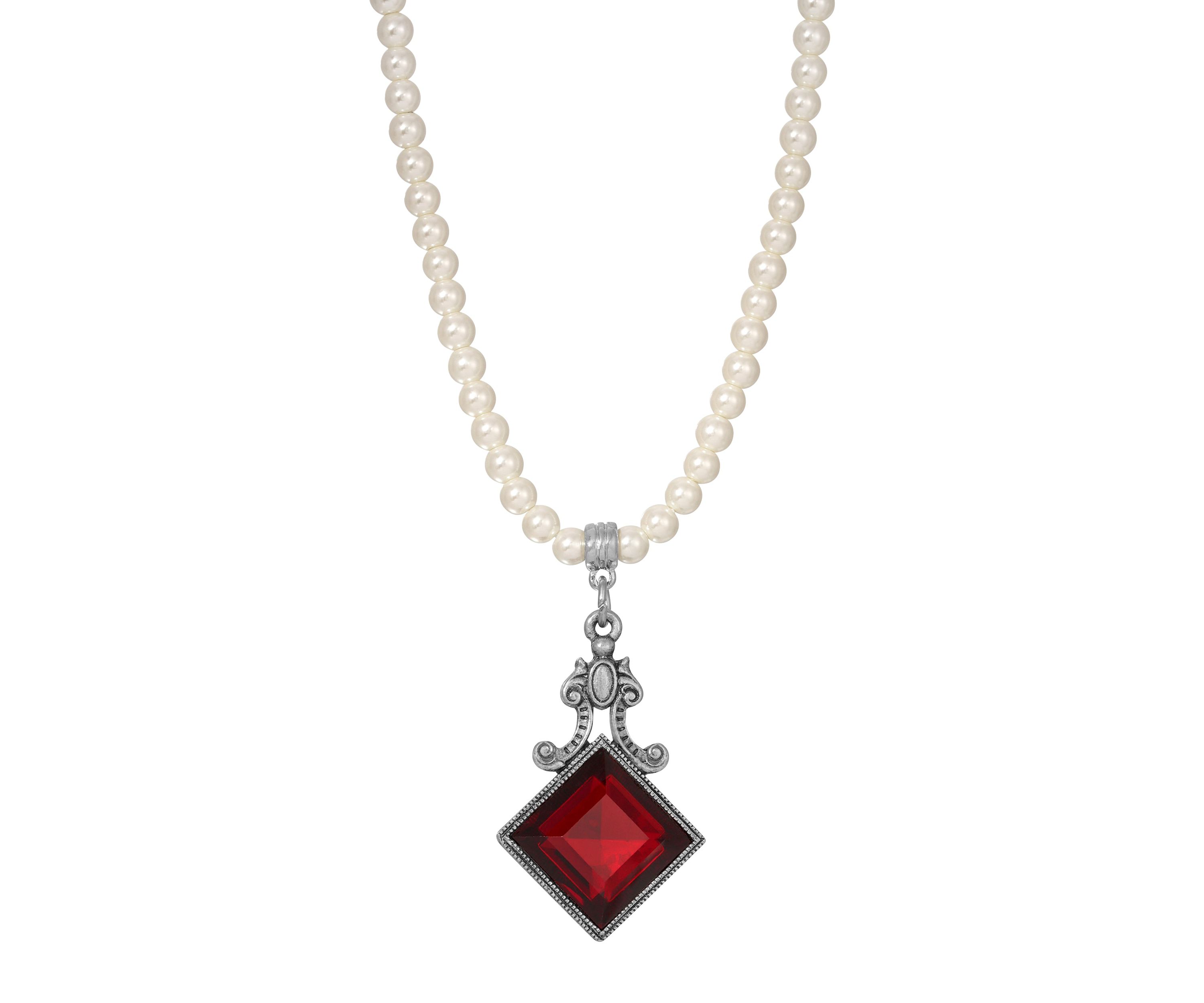 Faux Pearl Red Glass Pendant Necklace 15" adj.