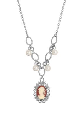 Silver-Tone Oval Cameo with Pearl Drop Necklace 16"Adj.