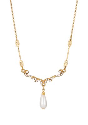 Gold-tone Faux Pearl Crystal Necklace