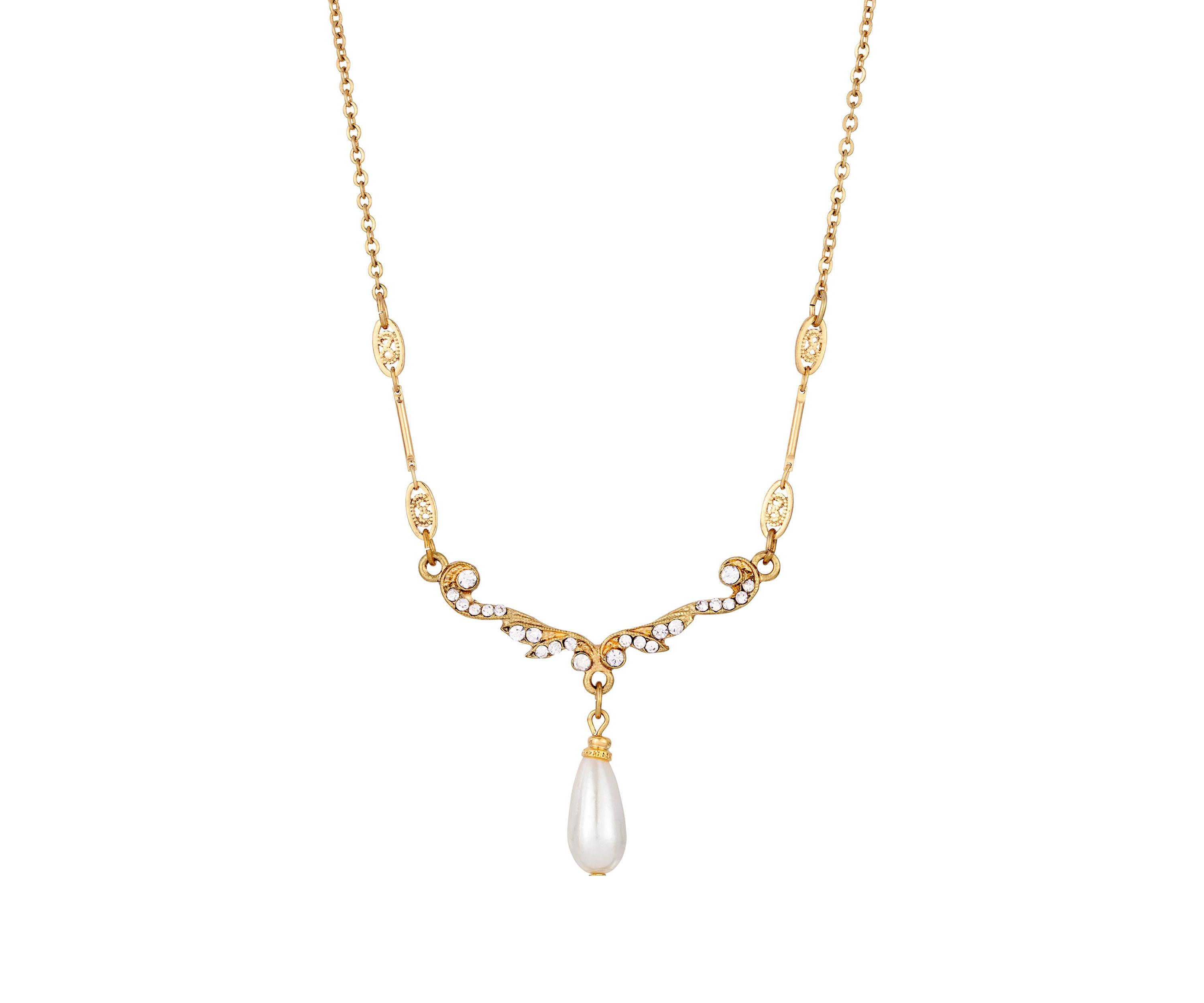 Gold-tone Faux Pearl Crystal Necklace