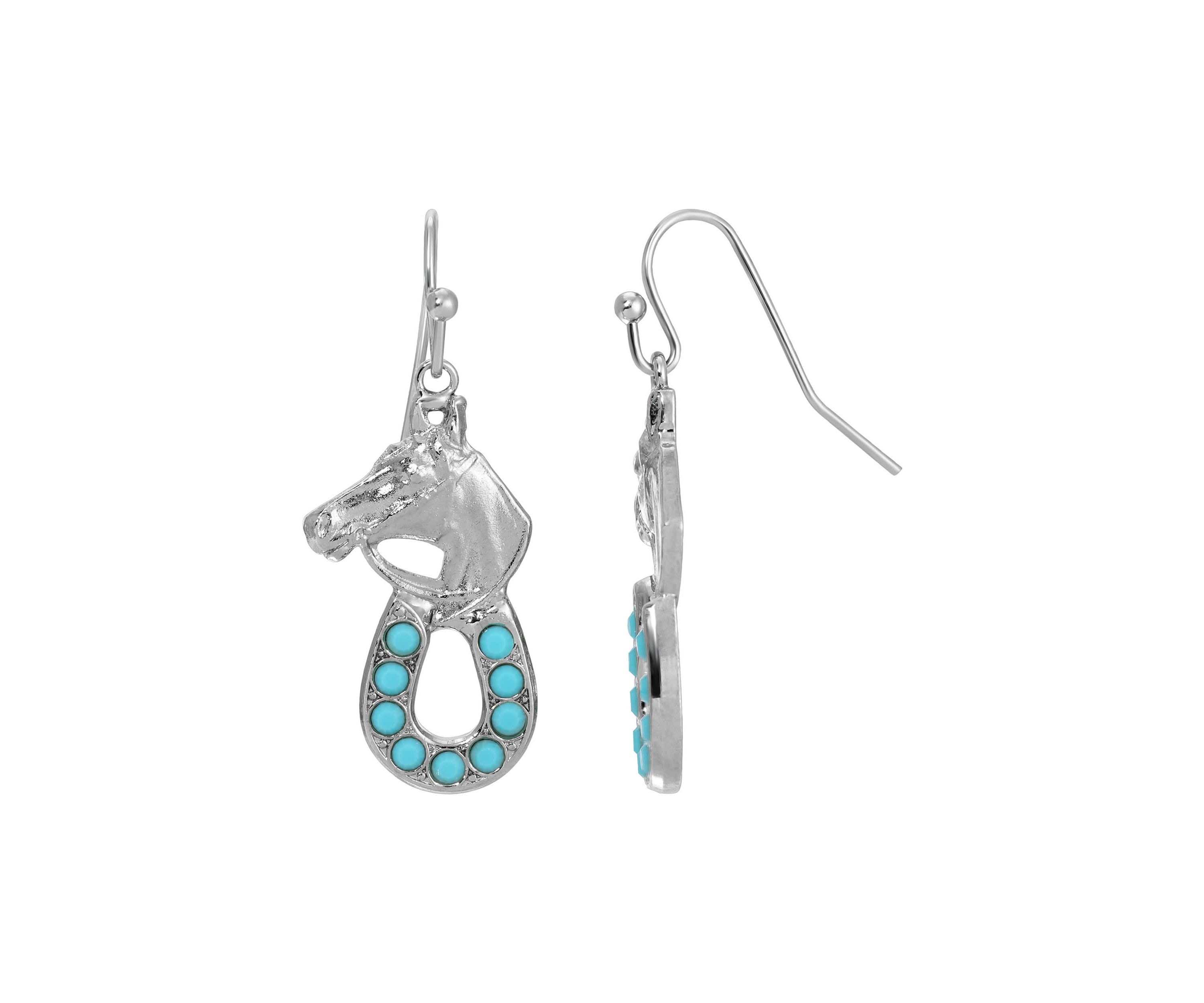 Silver Tone Horse Head With Turquoise Horseshoe Earrings