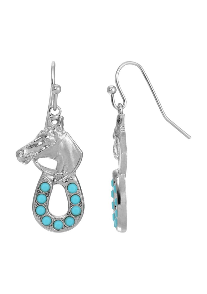 Silver Tone Horse Head With Turquoise Horseshoe Earrings