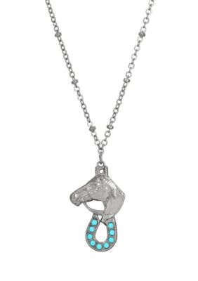 Silver Tone Horse Head Turquoise Horseshoe Necklace 16" Adj.
