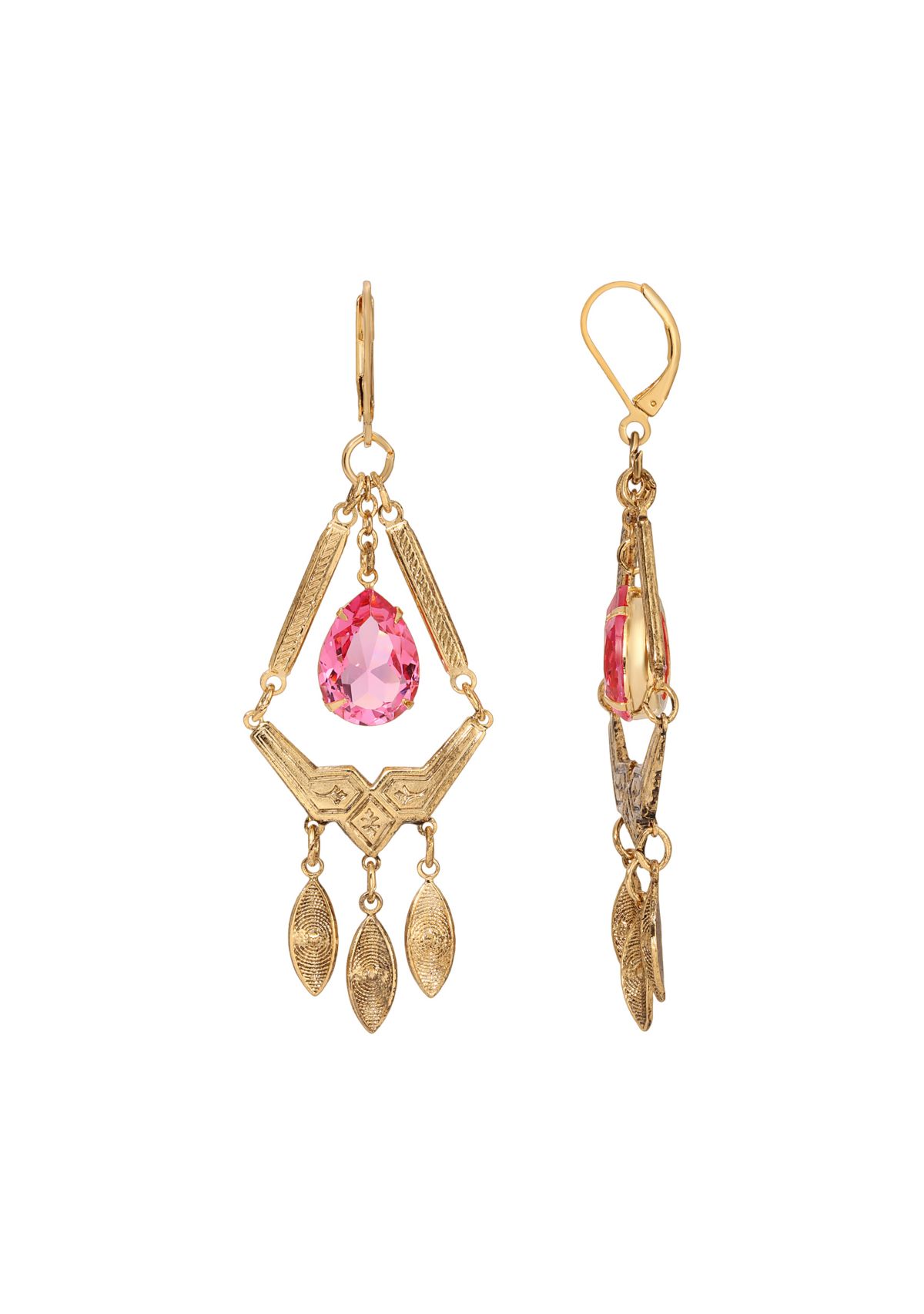 Gold Tone Pink Oval Drop Earrings