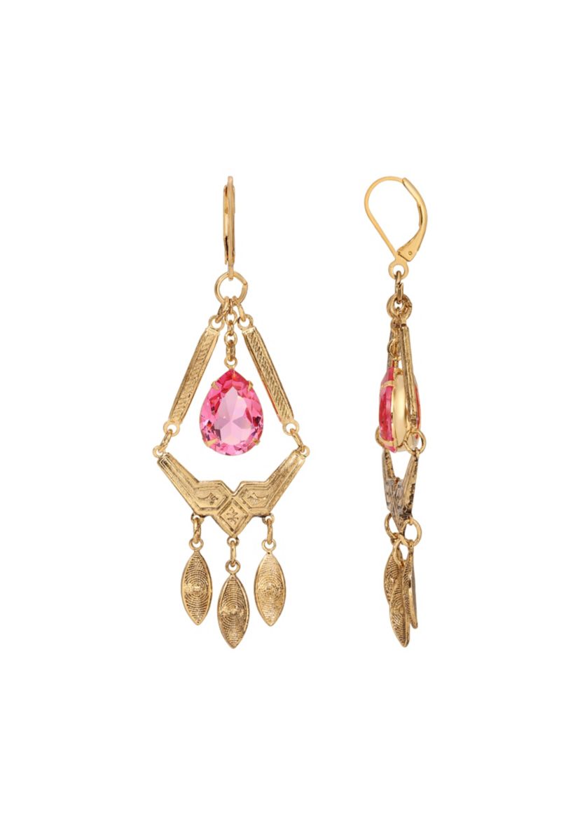 Gold Tone Pink Oval Drop Earrings