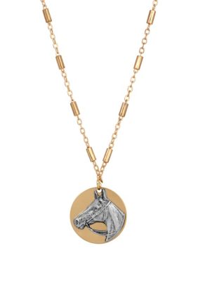 Gold Tone Silver Horse Head Necklace 16" Adj.