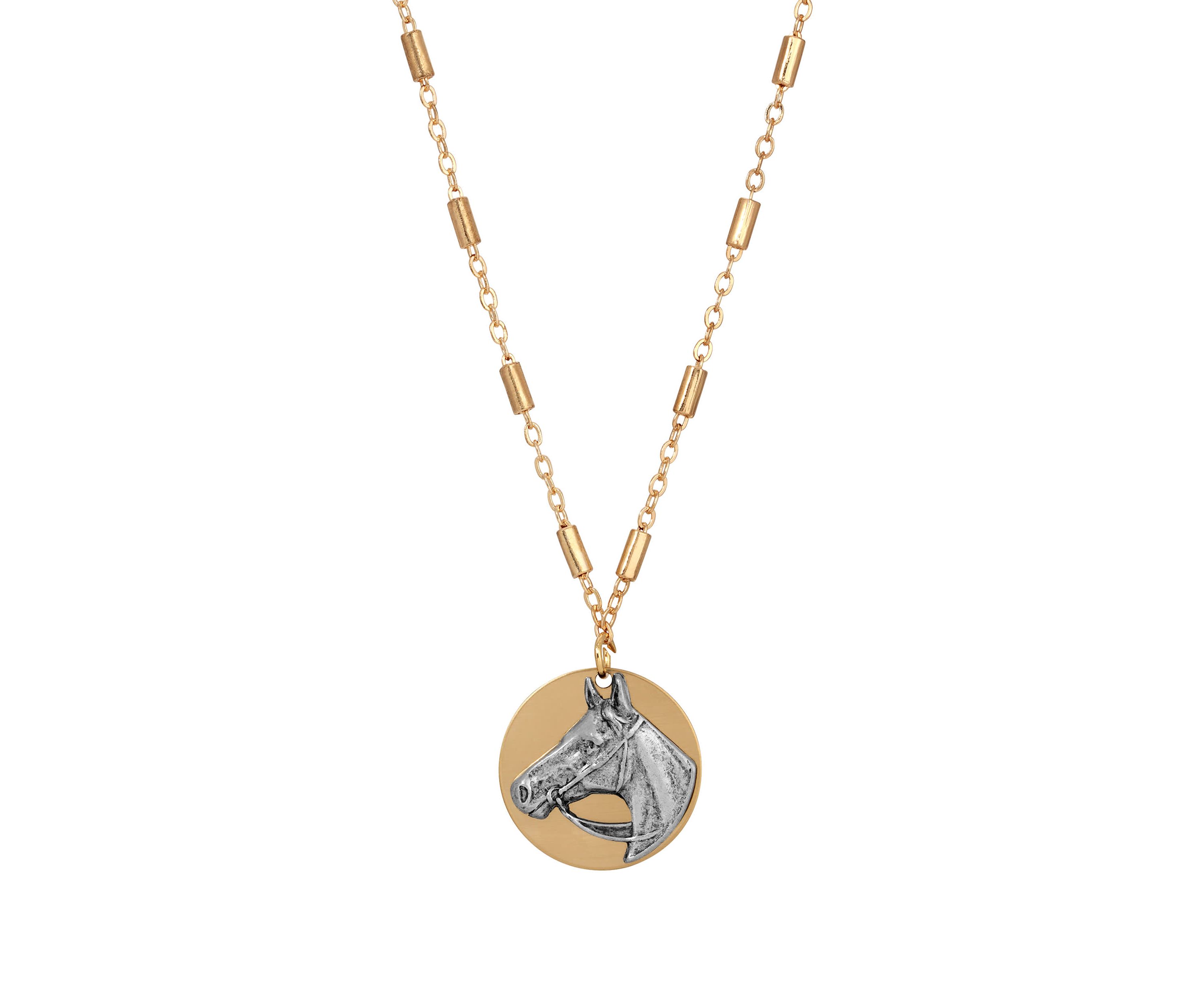 Gold Tone Silver Horse Head Necklace 16" Adj.