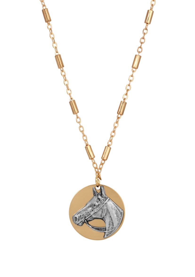 Gold Tone Silver Horse Head Necklace 16" Adj.