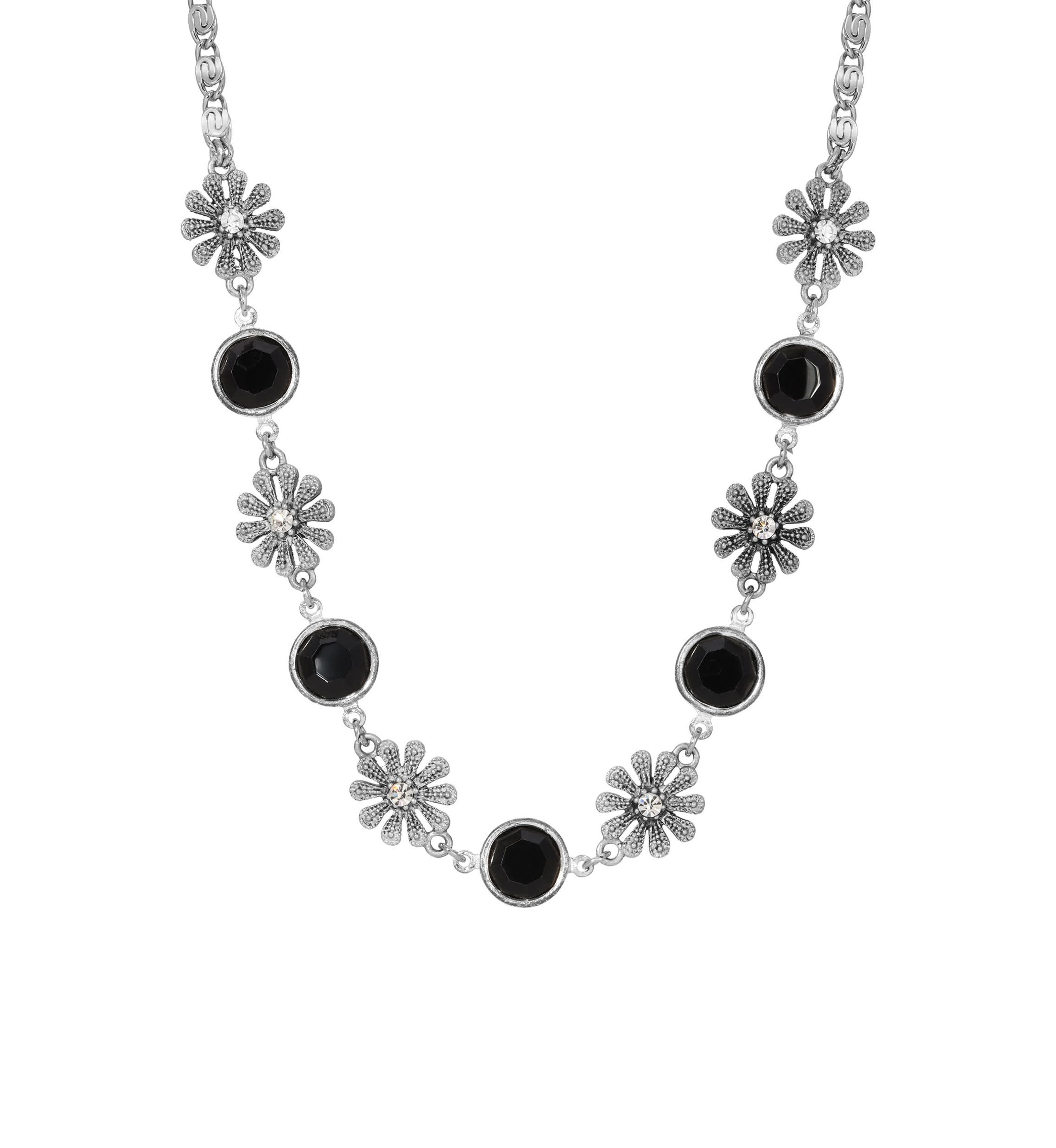 Silvertone Jet Crystal Flower Necklace