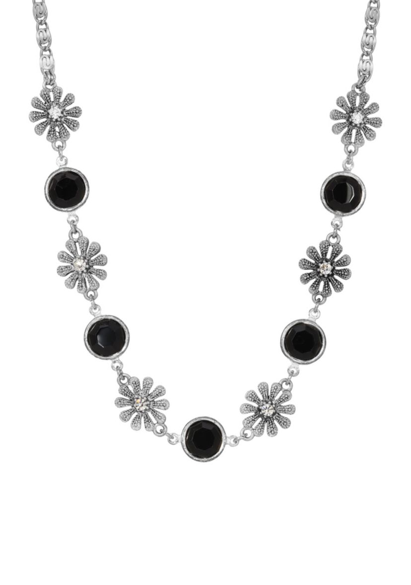 Silvertone Jet Crystal Flower Necklace