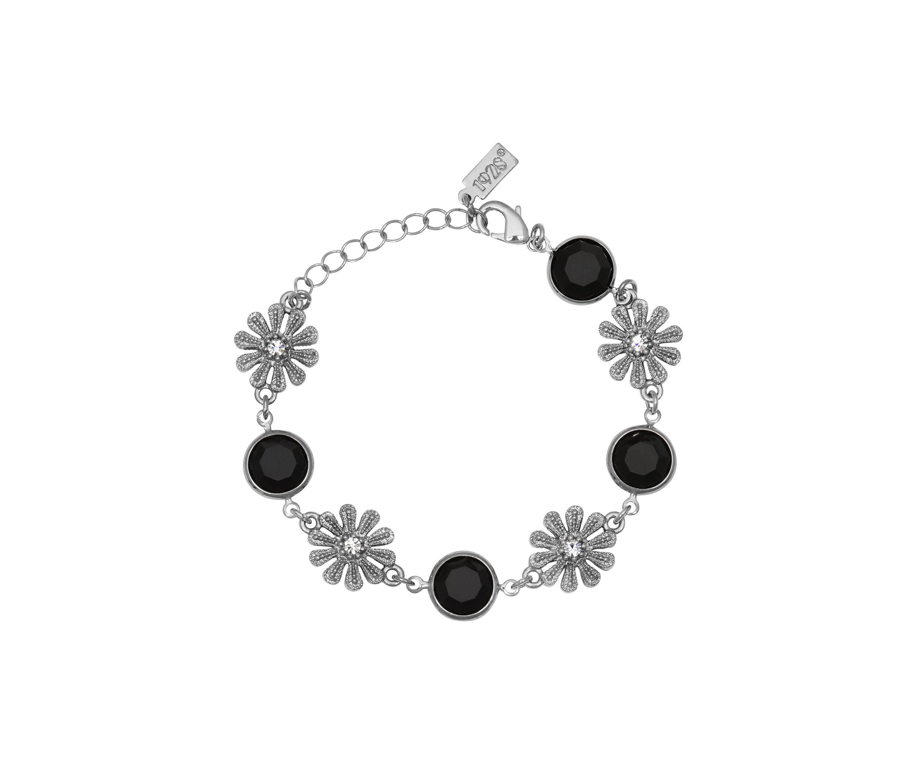 Silvertone Jet Crystal Flower Bracelet