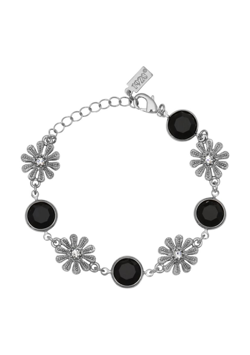 Silvertone Jet Crystal Flower Bracelet