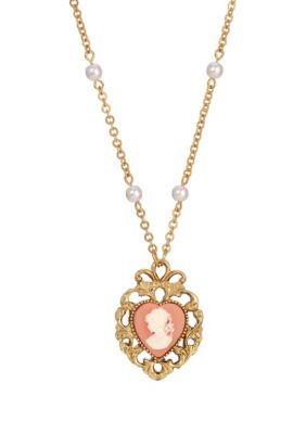 Gold Tone Pink Cameo With Pearl Heart Necklace 24"