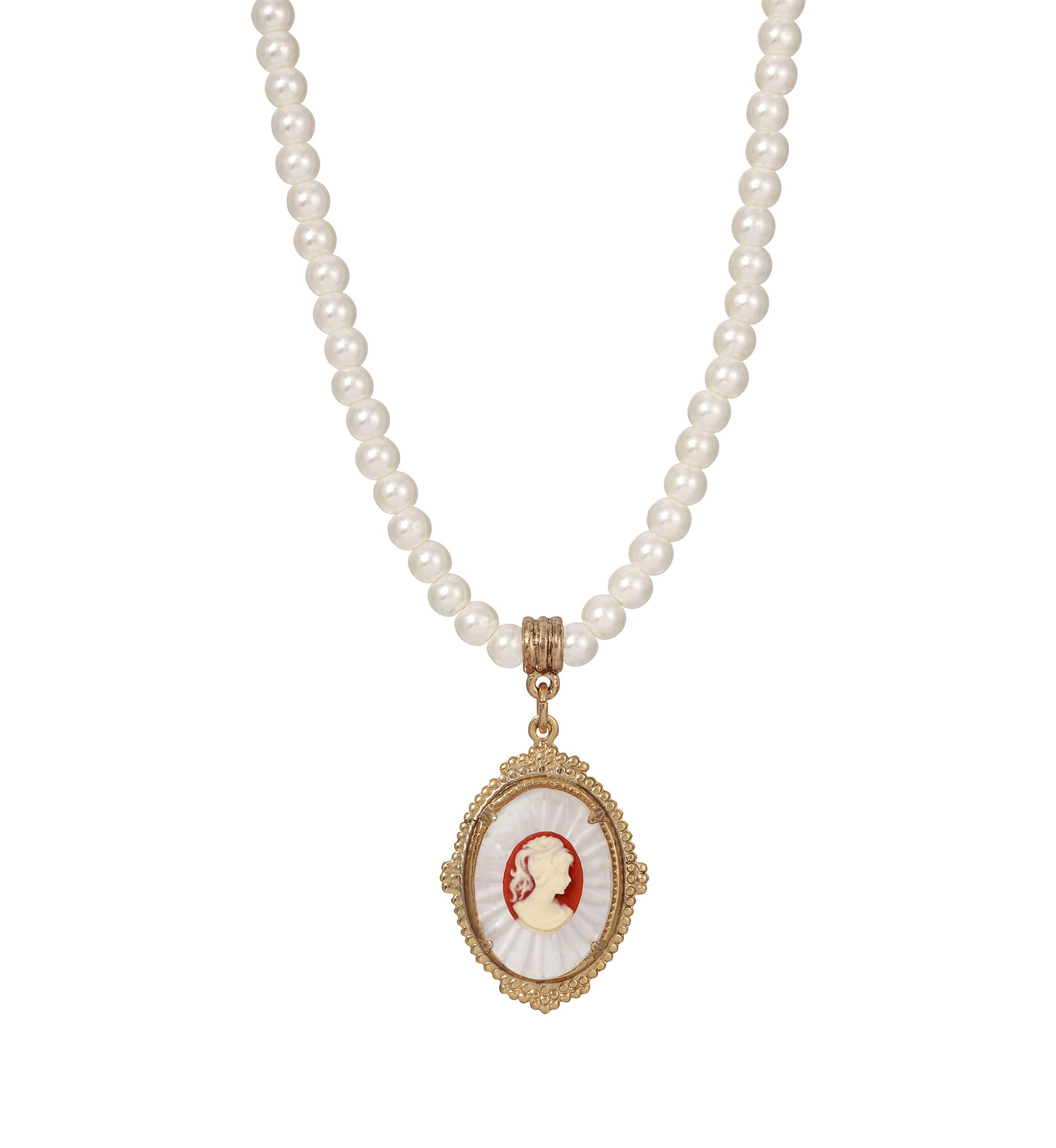 Faux Pearl Cameo Pendant Necklace 16" adj.