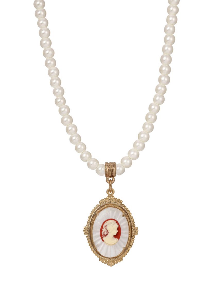 Faux Pearl Cameo Pendant Necklace 16" adj.