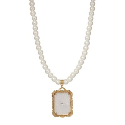 Gold Tone Frosted Lalique-Inspired Square Pendant 16"+3" ADJ Necklace