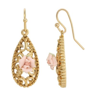 Gold Tone Pink Porcelain Rose Drop Earrings
