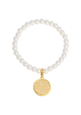 Gold Tone Faux Pearl Peace Str Bracelet