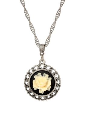 Silver Tone Black Ivory Flower Cameo Necklace 18"
