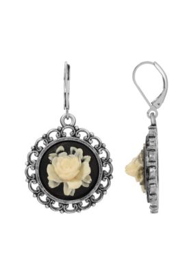 Silver Tone Black Ivory Flower Cameo Leverback Earrings
