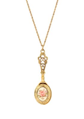 Gold Tone Flower Decal With Oval Locket Necklace 28"