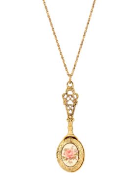1928 Jewelry Gold Tone Flower Decal With Oval Locket Necklace 28", Pink