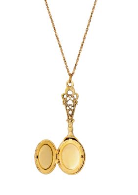 Gold Tone Flower Decal With Oval Locket Necklace 28"