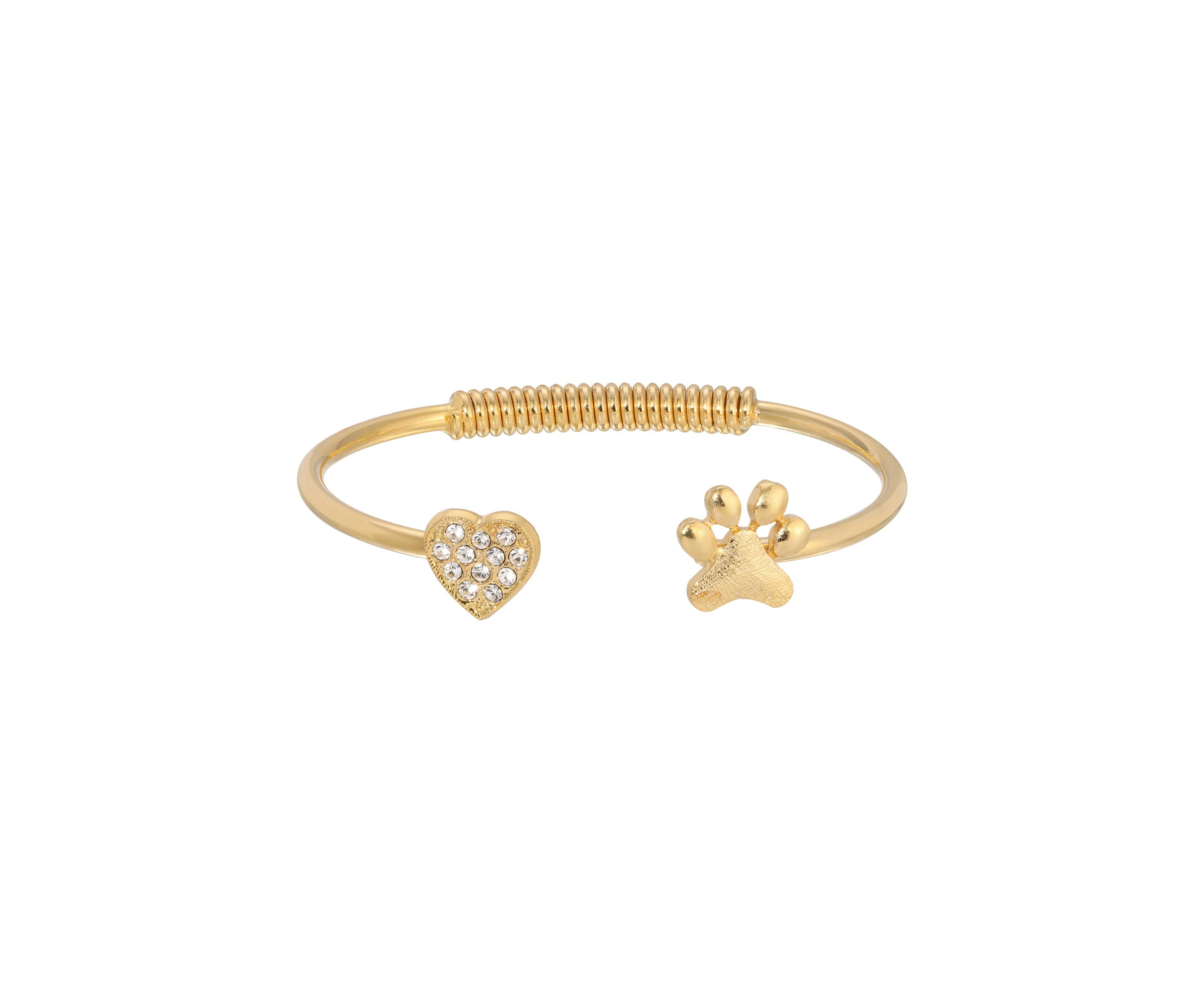 Gold-tone Crystal Heart Paw Cuff Bracelet