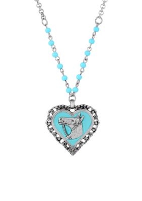 Silver Tone Turquoise Horse Head Heart Necklace 18"