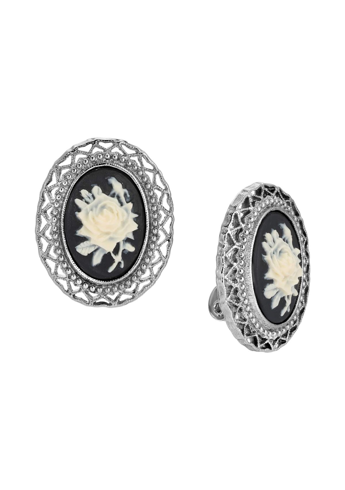 Black And Ivory Flower Clip On Earrings