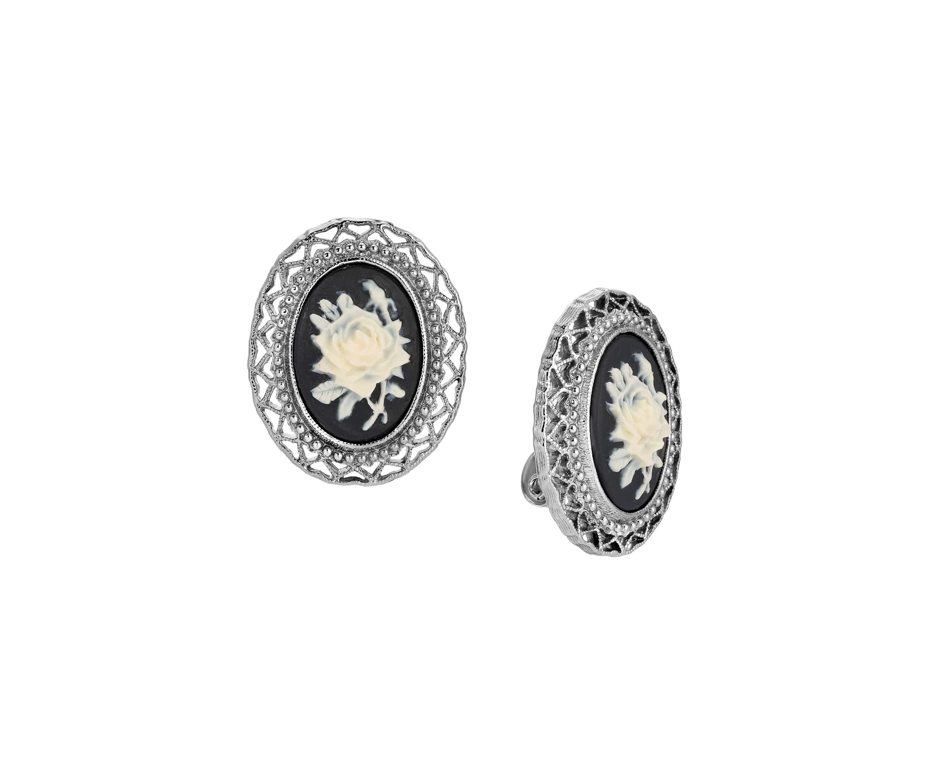 Black And Ivory Flower Clip On Earrings