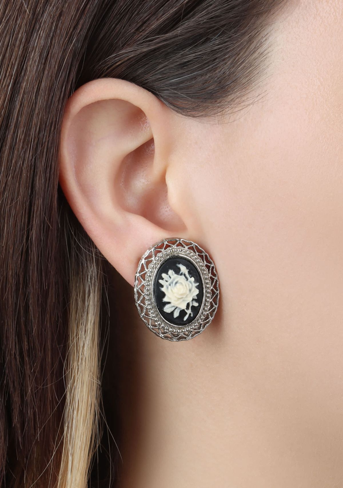Black And Ivory Flower Clip On Earrings