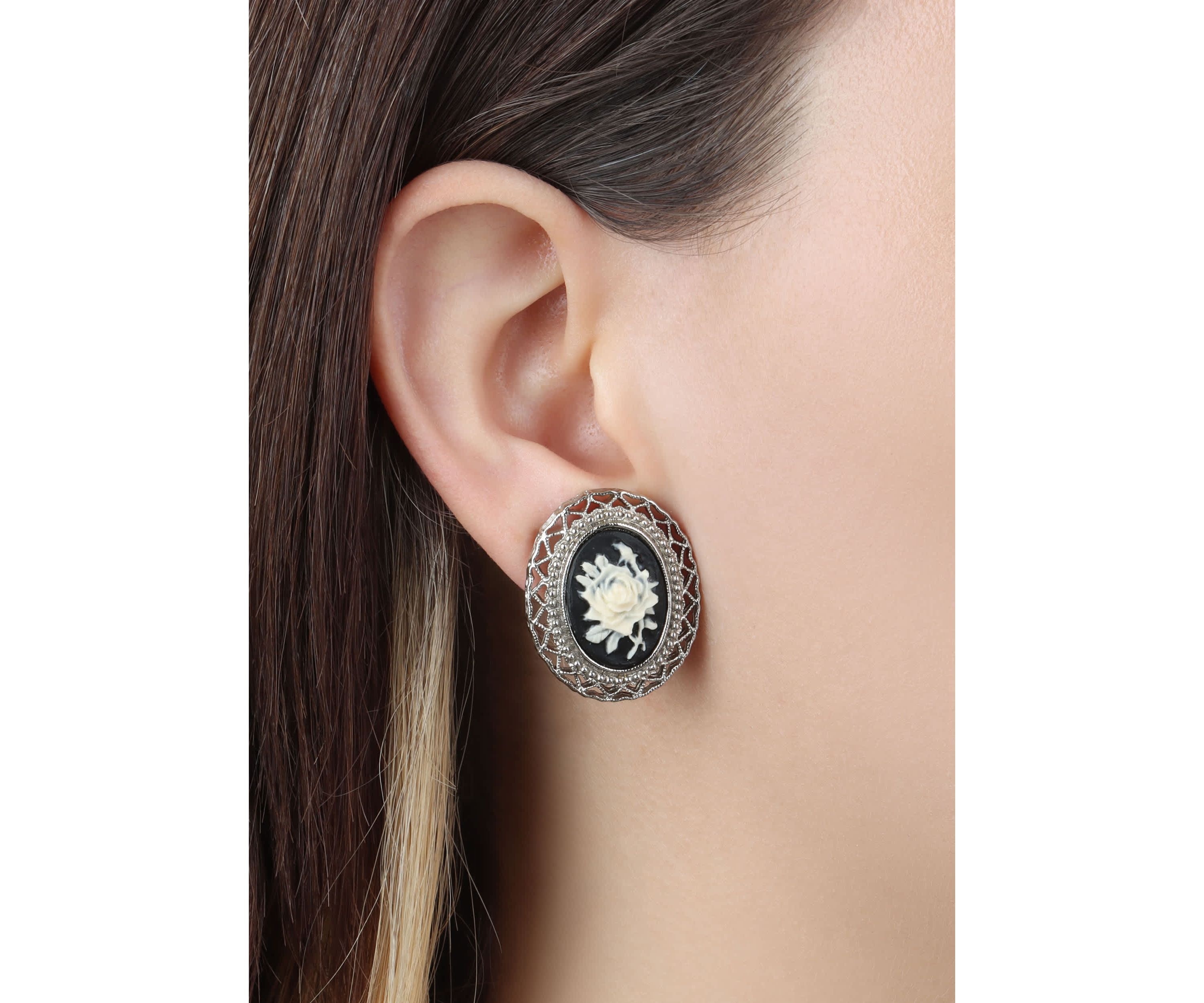 Black And Ivory Flower Clip On Earrings