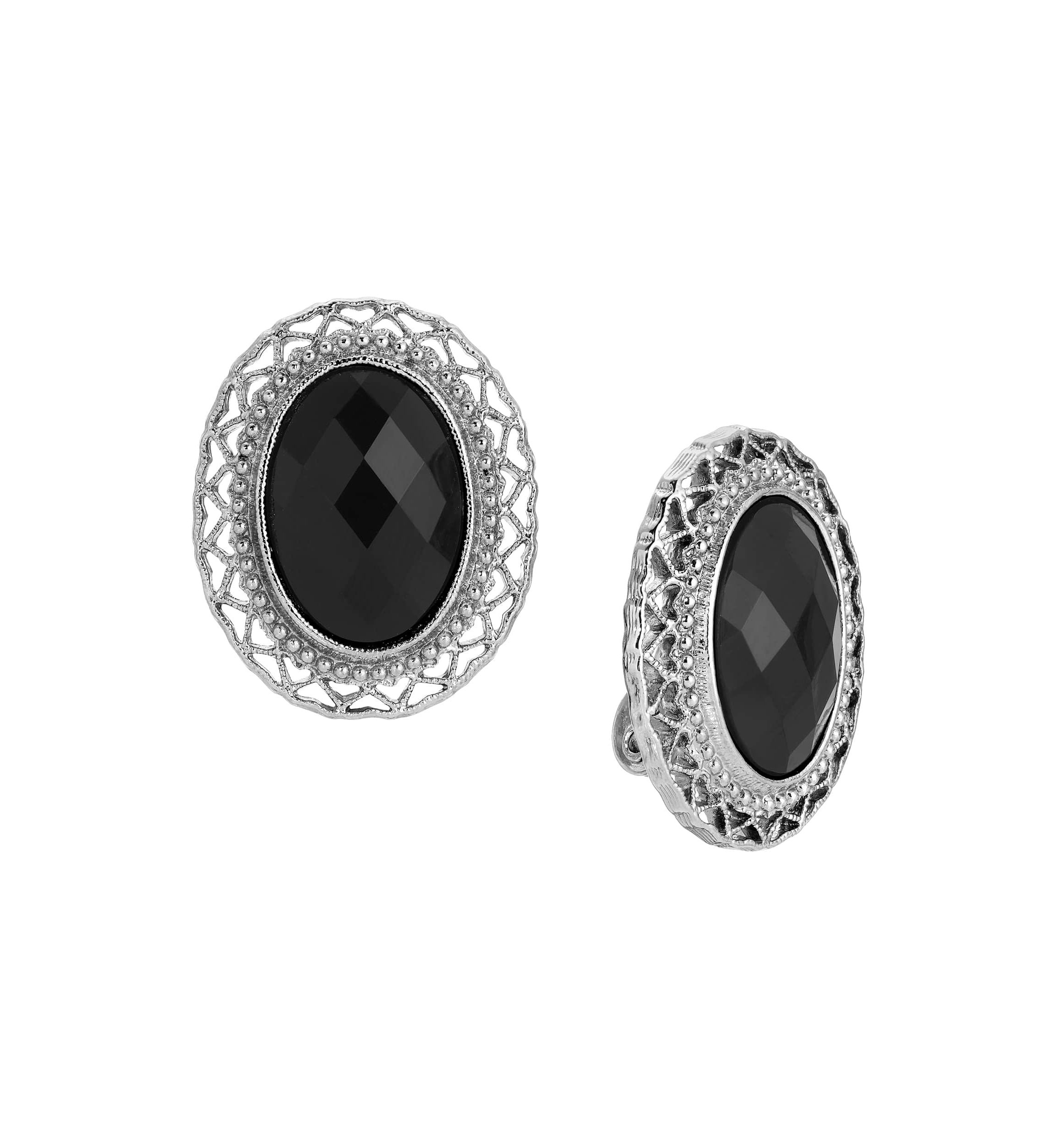 Oval Faceted Black Clip On Earrings