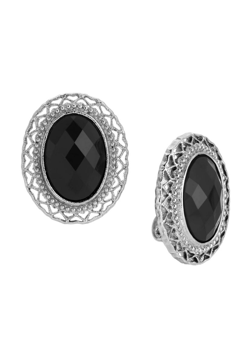 Oval Faceted Black Clip On Earrings