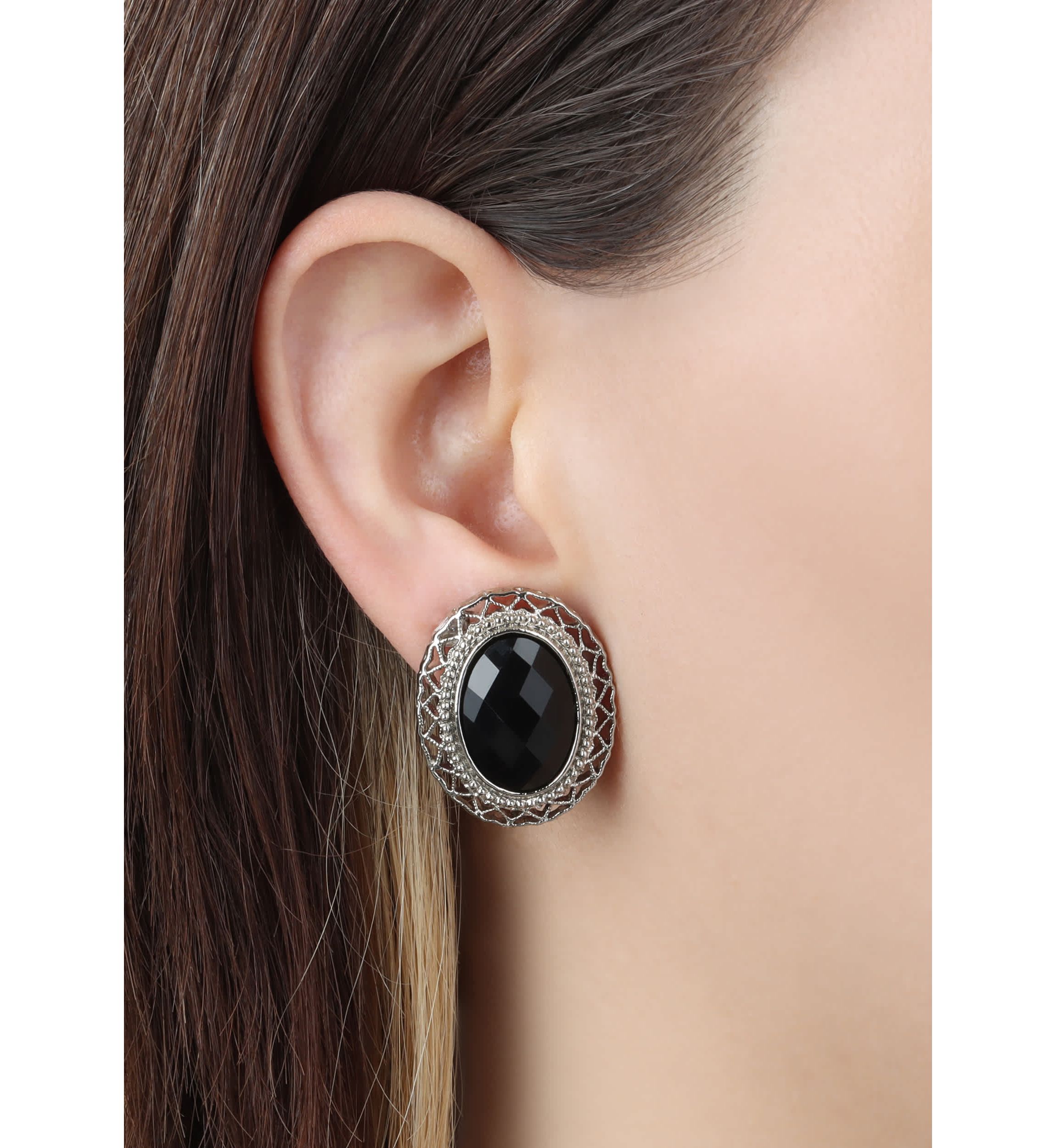 Oval Faceted Black Clip On Earrings