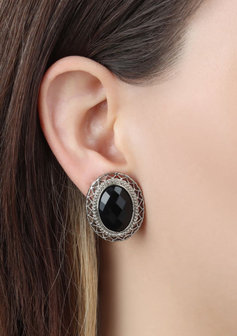 Oval Faceted Black Clip On Earrings