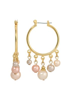 Gold Tone Multi Clr Hoop Pearl Earrings