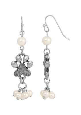 Silvertone Pewter Faux Pearl Paw Earrings